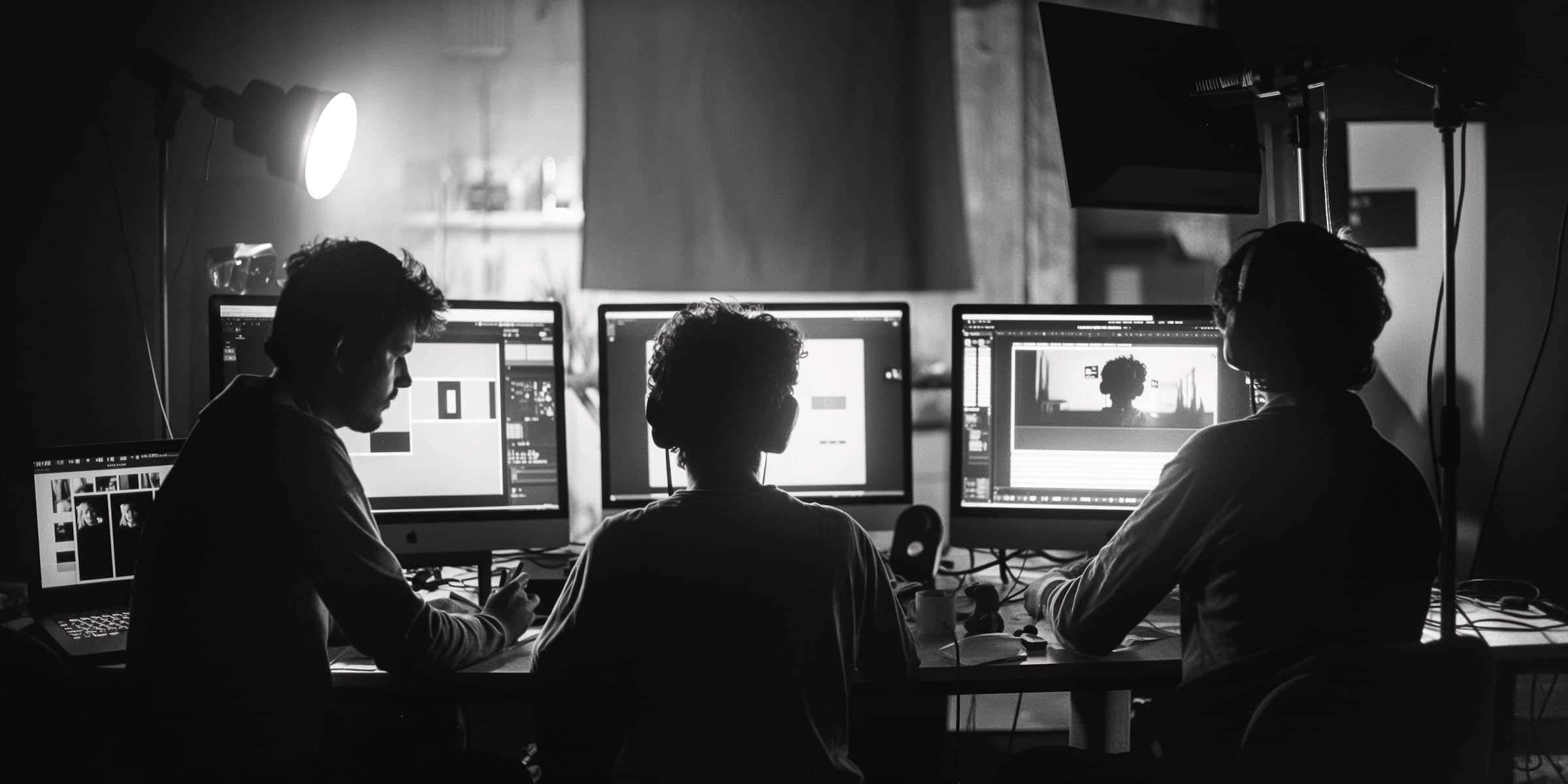 Film editors reviewing shots together at their studio workstations