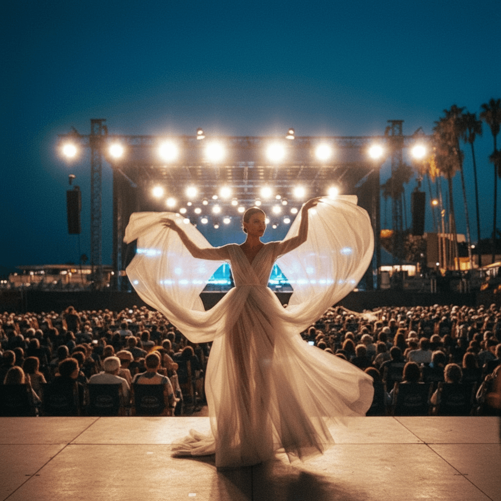 A performer on a brightly lit stage in front of an audience